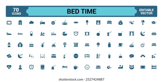 Tempo de cama e conjunto de ícones sólidos para dormir. Sonhar e dormir coleção de ícones preenchidos. Ícone de glifo para Web e interface do usuário. Ilustração vetorial. Editável e pixel perfeito.