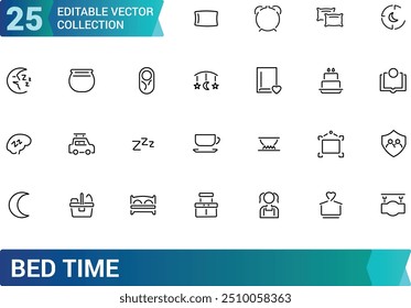 Bed time and sleeping thin line outline icons. Dream and bedtime, sheep and mask for sleep illustration. Editable stroke icons.