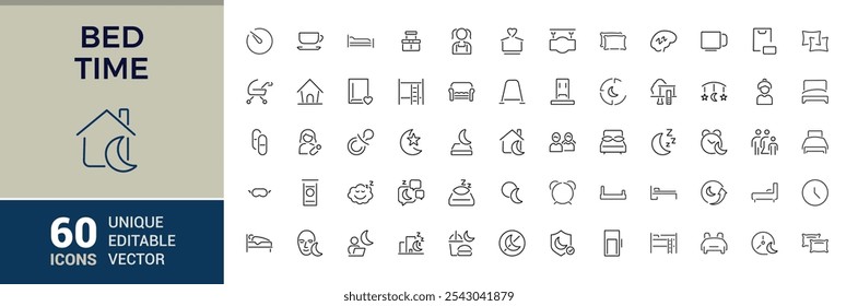 Bed Time thin line icon set. Includes thin line mattress, fast, bed, disorder, pill, slippers, owl and more. Simple icon designs. 