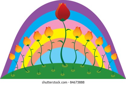 bed with tulips in the background of the rainbow
