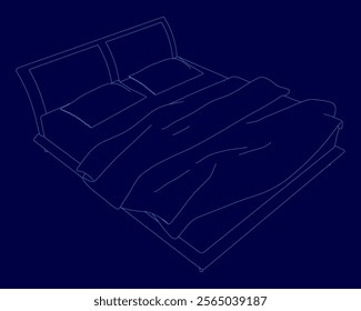 Bed with two pillows and a blanket. The bed is blue and the pillows are blue