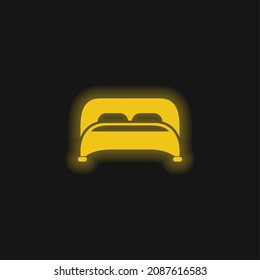 Bed With Two Pillows Bottom View yellow glowing neon icon