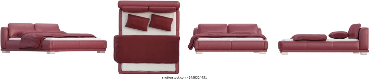 Bed from various angles, 3D rendering, interior lighting mood, transparent background