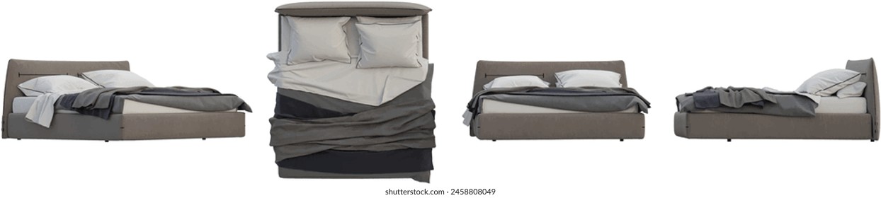 Bed from various angles, 3D rendering, interior lighting mood, transparent background