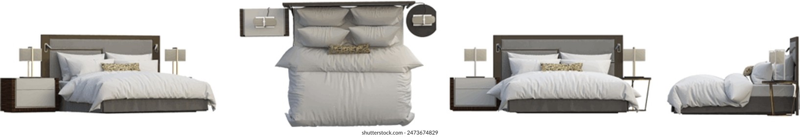 Bed from various angles, 3D rendering, interior lighting mood, transparent background