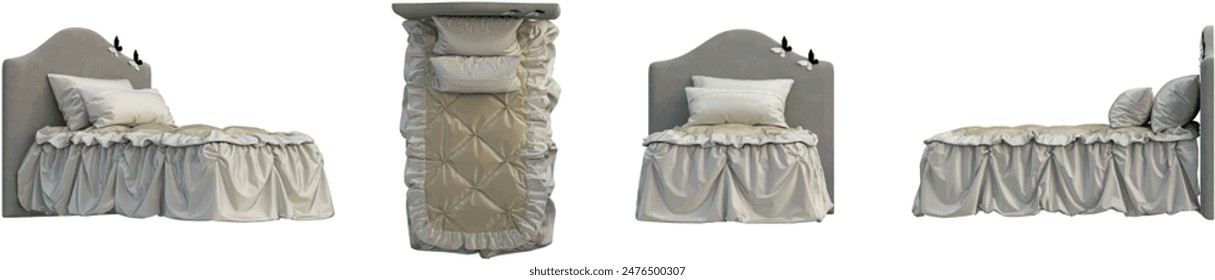 Bed from various angles, 3D rendering, interior lighting mood, transparent background