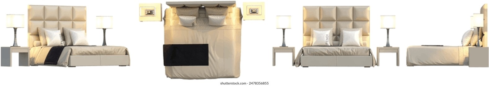 Bed from various angles, 3D rendering, interior lighting mood, transparent background