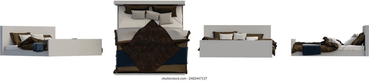 Bed from various angles, 3D rendering, interior lighting mood, transparent background