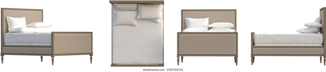 Bed from various angles, 3D rendering, interior lighting mood, transparent background