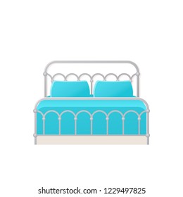 Bed. Vector. Double metal bed in flat design for bedroom, hotel room. Cartoon furniture icon isolated on white background. Retro house equipment. Animated illustration.