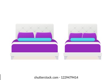 Bed. Vector. Double single white wooden bed in flat design for bedroom, hotel room. Cartoon set isolated on white background. Furniture icon. Animated house equipment.