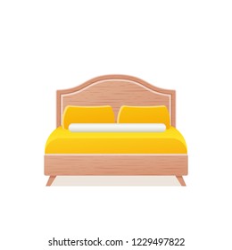 Bed. Vector. Double Wooden Bed In Flat Design For Bedroom, Hotel Room. Cartoon Furniture Icon Isolated On White Background. Animated House Equipment.