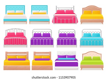 Bed. Vector. Furniture icon in flat design for bedroom, hotel room. Animated house equipment. Cartoon set isolated on white background.