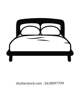 Bed vector icon. two pillows and blanket. Black silhouette isolated on white background.