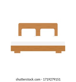 Bed vector illustration. Double wooden house equipment for bedroom, hotel room. Cartoon furniture icon isolated on white background.