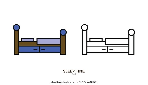 Ilustración vectorial de cama color lineal y diseño relleno