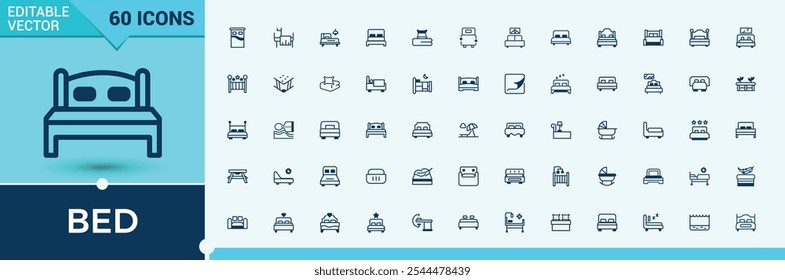 Conjunto de iconos de línea de Vector de cama. Incluye línea delgada médica, hospital, habitación, hora de acostarse, relajarse, albergue, descanso, sueño. Conjunto de pictograma lleno. Iconos vectoriales de trazo editable.