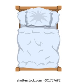 Bed with white linen, top view. White bedclothes, blanket and pillow. Vector illustration