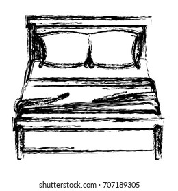 bed wooden with blanket and pair pillows blurred silhouette on white background vector illustration