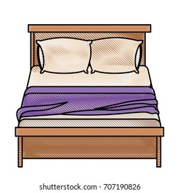 bed wooden with blanket and pair pillows in color crayon silhouette on white background vector illustration
