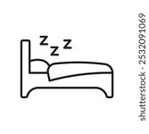 Bed With ZZZ Line Icon. Sleeping Bed With Blanket Outline Symbol. Restful Sleeping Area. Cozy Sleeping Place. Editable Stroke. Isolated Vector Illustration.