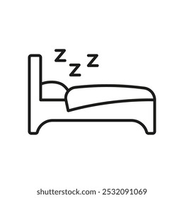 Bed With ZZZ Line Icon. Sleeping Bed With Blanket Outline Symbol. Restful Sleeping Area. Cozy Sleeping Place. Editable Stroke. Isolated Vector Illustration.