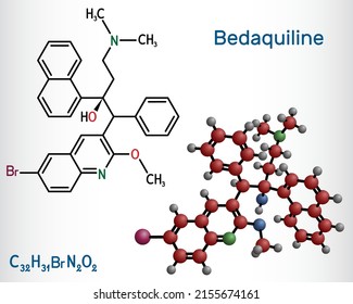 Bedaquiline antituberculosis drug molecule. It is diarylquinoline antimycobacterial medication. Structural chemical formula and molecule model. Vector illustration