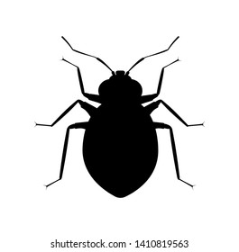 Bedbug black silhouette. Pest insect icon. Symbol of pets control service or bite spray.