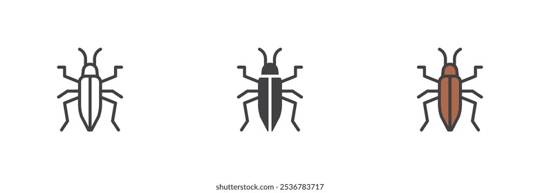 Bedbug conjunto de iconos de estilo diferente. Línea, glifo y contorno relleno versión colorida, contorno y signo de Vector relleno. Símbolo de Chinch, ilustración del logotipo. Gráficos de Vector