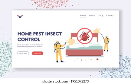 Bedbugs Extermination Professional Service Landing Page Template. Pest Control Doing Room Disinsection against Bed Bugs. Exterminators Characters Spray Toxic Liquid. Cartoon People Vector Illustration