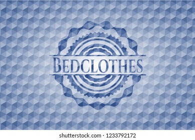 Bedclothes blue emblem or badge with abstract geometric pattern background.
