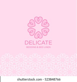 Bedding and bed linen logo. Abstract pink flower of hearts as ornament. 