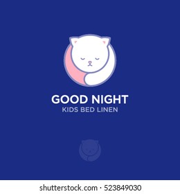 Bedding and bed linen logo. Good night logo. White kitten in a circle.
