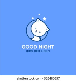 Bedding and bed linen logo. Good night logo. White kitten in a circle with stars.