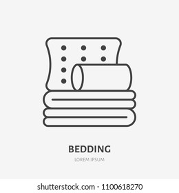 Bedding, bedroom decorations flat line icon. Vector illustration of pillows and blanket. Thin linear logo for interior store.