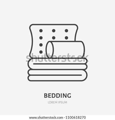 Bedding, bedroom decorations flat line icon. Vector illustration of pillows and blanket. Thin linear logo for interior store.
