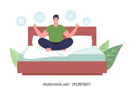 Bedding Comfort Concept. Relaxed Male Character Sitting in Lotus Posture on Bed with Orthopedic Mattress made of Waterproof Material with Springs and Anti Insects Fabric. . Cartoon Vector Illustration