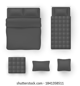 Bedding for double size and single beds black blank mock ups realistic set. Bedroom accessories. Comforter, pillow, blanket, cushion template. Vector bedclothes, bedlinen collection isolated on white.