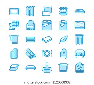 Bedding flat line icons. Orthopedics mattresses, bedroom linen, pillows, sheets set, blanket and duvet illustrations. Thin signs for interior store. Pixel perfect 48x48.