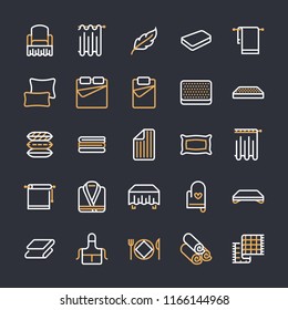 Bedding flat line icons. Orthopedics mattresses, bedroom linen, pillows, sheets set, blanket and duvet illustrations. Thin signs for interior store.