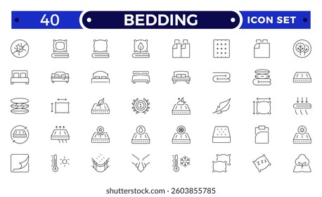 Bedding outline icon. Collection of Icons of Wardrobe, Bed, Sofa, Table, Chair Drawn with Thin Line for apps, web sites, banners.
