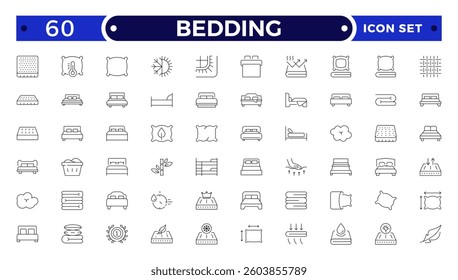 Bedding outline icon. Collection of Icons of Wardrobe, Bed, Sofa, Table, Chair Drawn with Thin Line for apps, web sites, banners.
