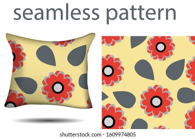 Bedding, pillow. Seamless colored patterns with flowers, petals, leaves . Background, vector. Gray, yellow, red. Festive, ornament. Bright, fashionable print. Background for textiles, wallpaper