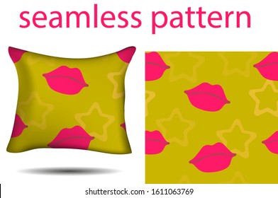Bedding, pillow, seamless pattern with lips, stars. Bright, fashionable background. Design of bed linen, ornament for decor, for textiles, clothes. Lilac, pink