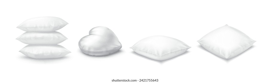 Bedding pillows of different shapes realistic vector illustration set. Cushions for domestic interior decor 3d models on white background. Cosy home