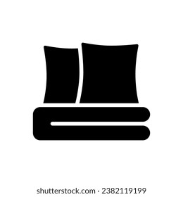 Bedding set black glyph icon. Sheets and pillows. Soft textiles. Bedspread. Modern contemporary home furniture store. Silhouette symbol on white space. Solid pictogram. Vector isolated illustration