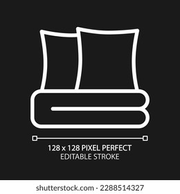 Bedding set pixel perfect white linear icon for dark theme. Sheets and pillows. Soft textiles. Bedspread. Home furniture. Thin line illustration. Isolated symbol for night mode. Editable stroke