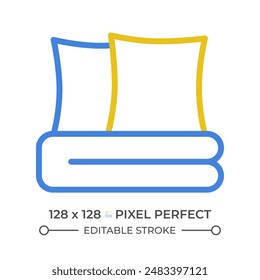 Bedding set two color line icon. Linen set for bed. Pillows and blanket. Comfortable sleeping bicolor outline symbol. Duotone linear pictogram. Isolated illustration. Editable stroke