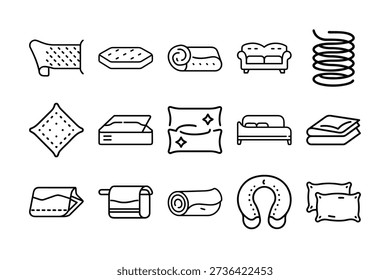 Bedding and Sleep Comfort Line Icon Set - Mattress, Pillows, Cushions, and Home Textile Symbols