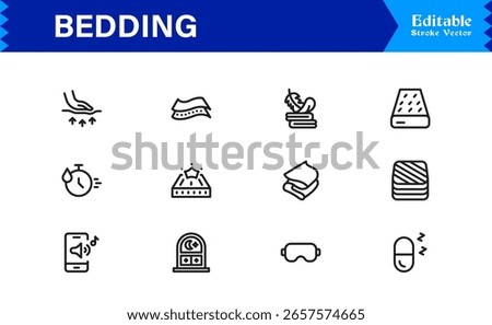 Bedding and Sleep Essentials Icons – Modern Professional Line Icon Set Featuring Minimal Vector Design for Comfort and Home Decor Themes